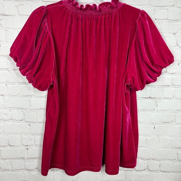 Entro Pink Velour Oversized Short Puff Sleeve V-neck Blouse Women’s M - Picture 6 of 6
